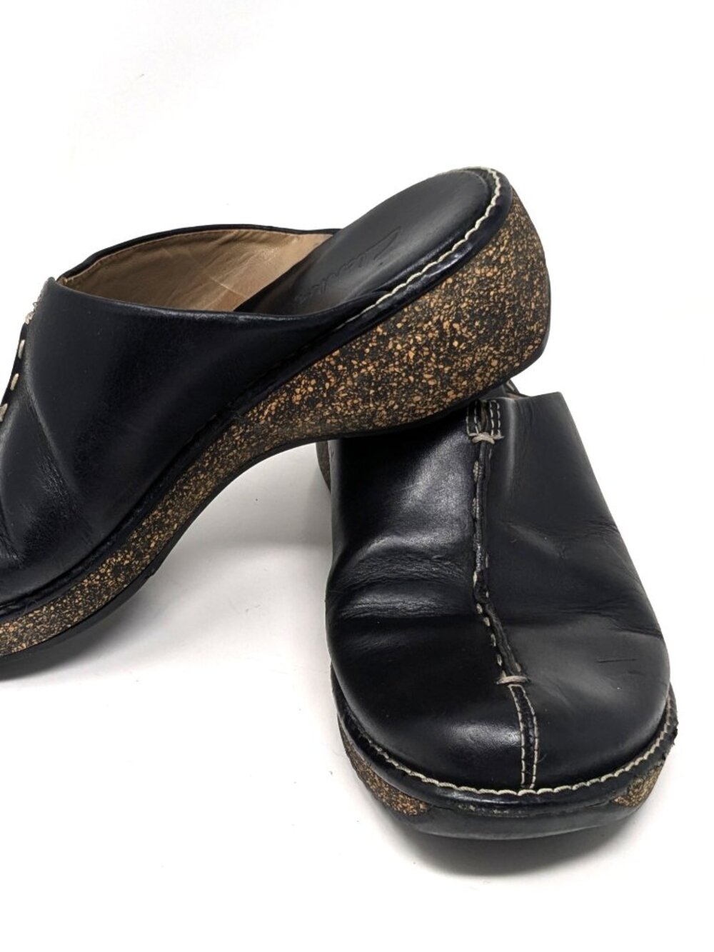 Clarks Slip on Clogs Black Leather Shoes 7 M Mules Cork wedge Comfort